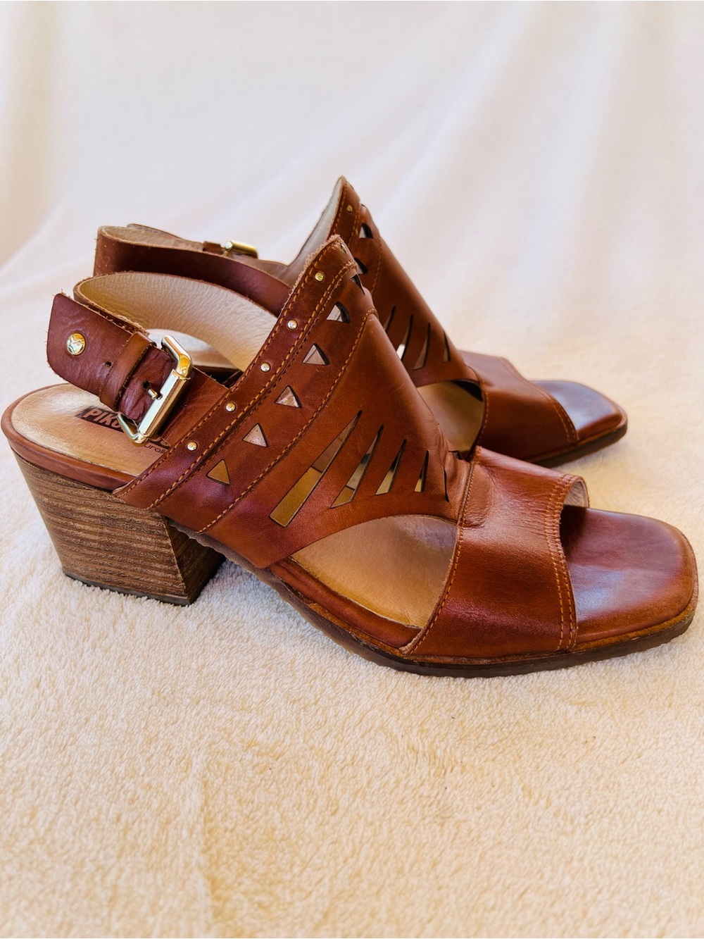 Pikolinos Brown Leather Slingback Heeled Sandals Geometric Cutouts Size 8 - Picture 3 of 9